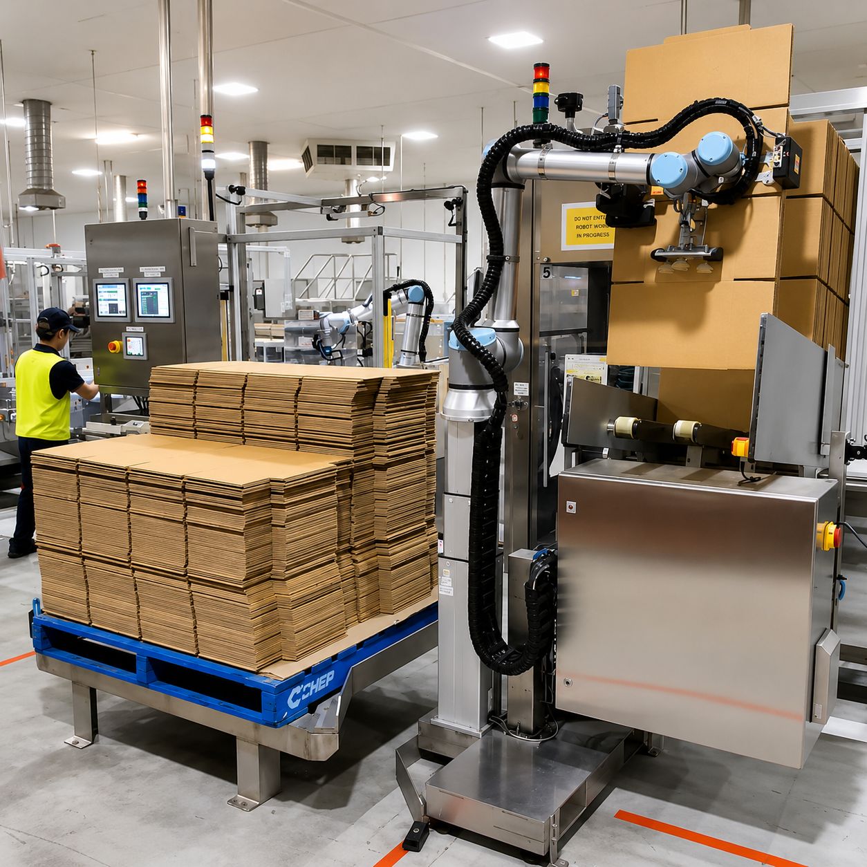 Cobot loading flat cartons from a pallet into a case erector