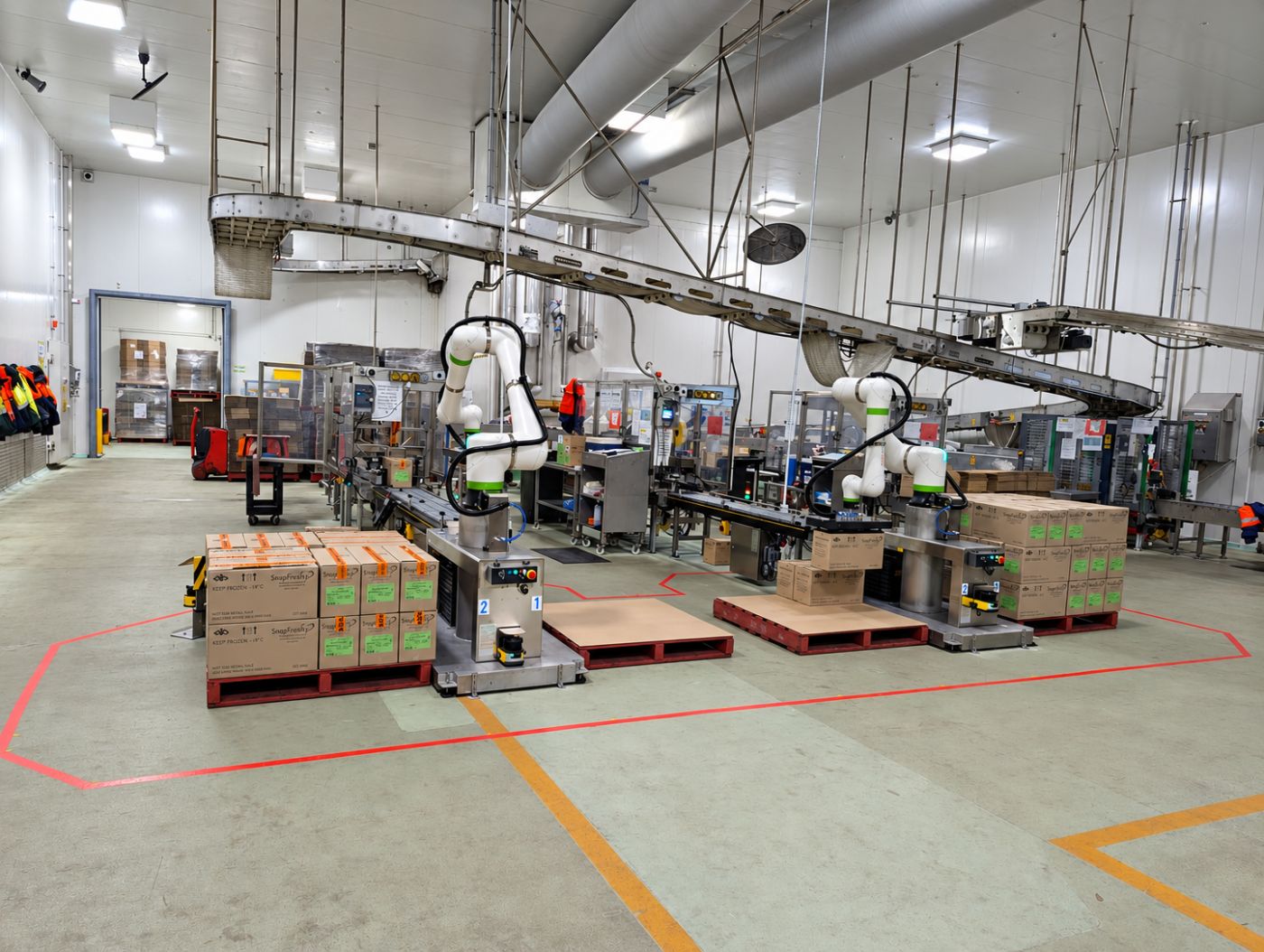Two collaborative robots palletising frozen cartons in a coldroom