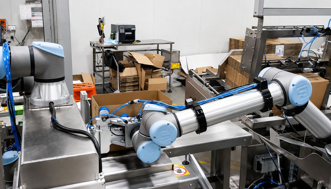 Two collaborative robots packing cartons on a production line