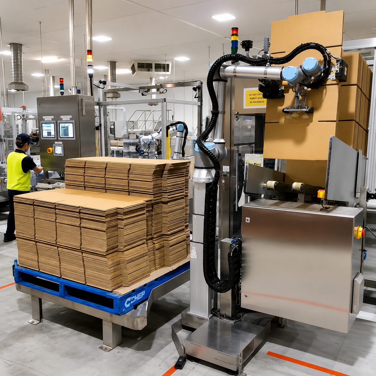 Cobot loading flat cartons from a pallet into a case erector