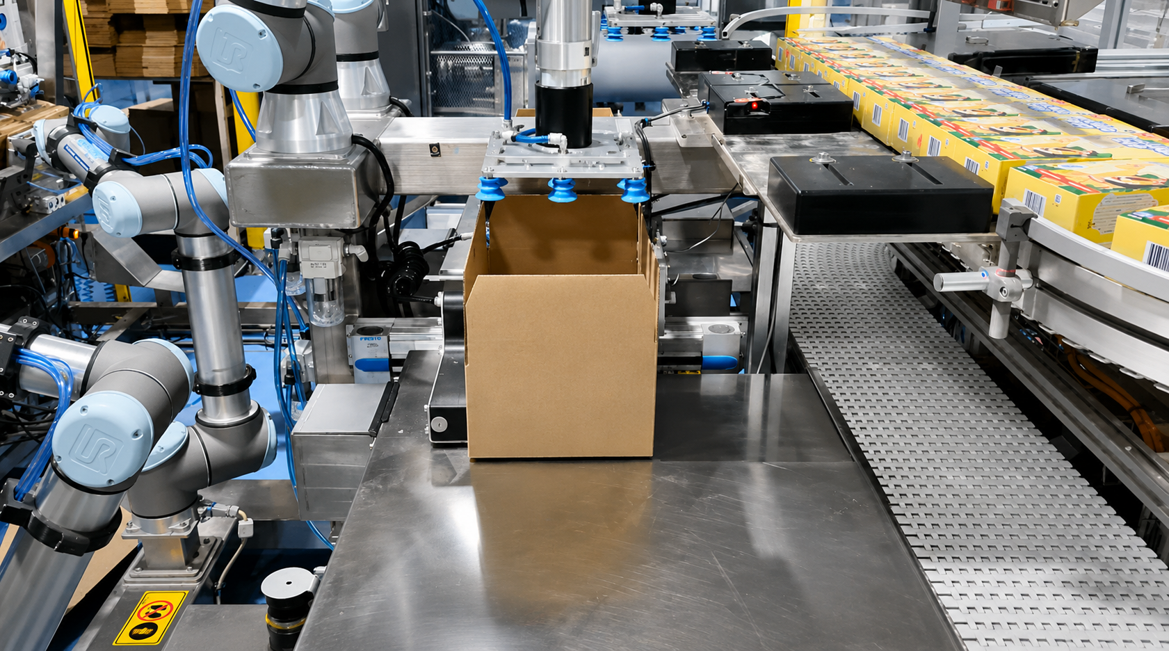 Cobot picking and placing bottles on a filling line
