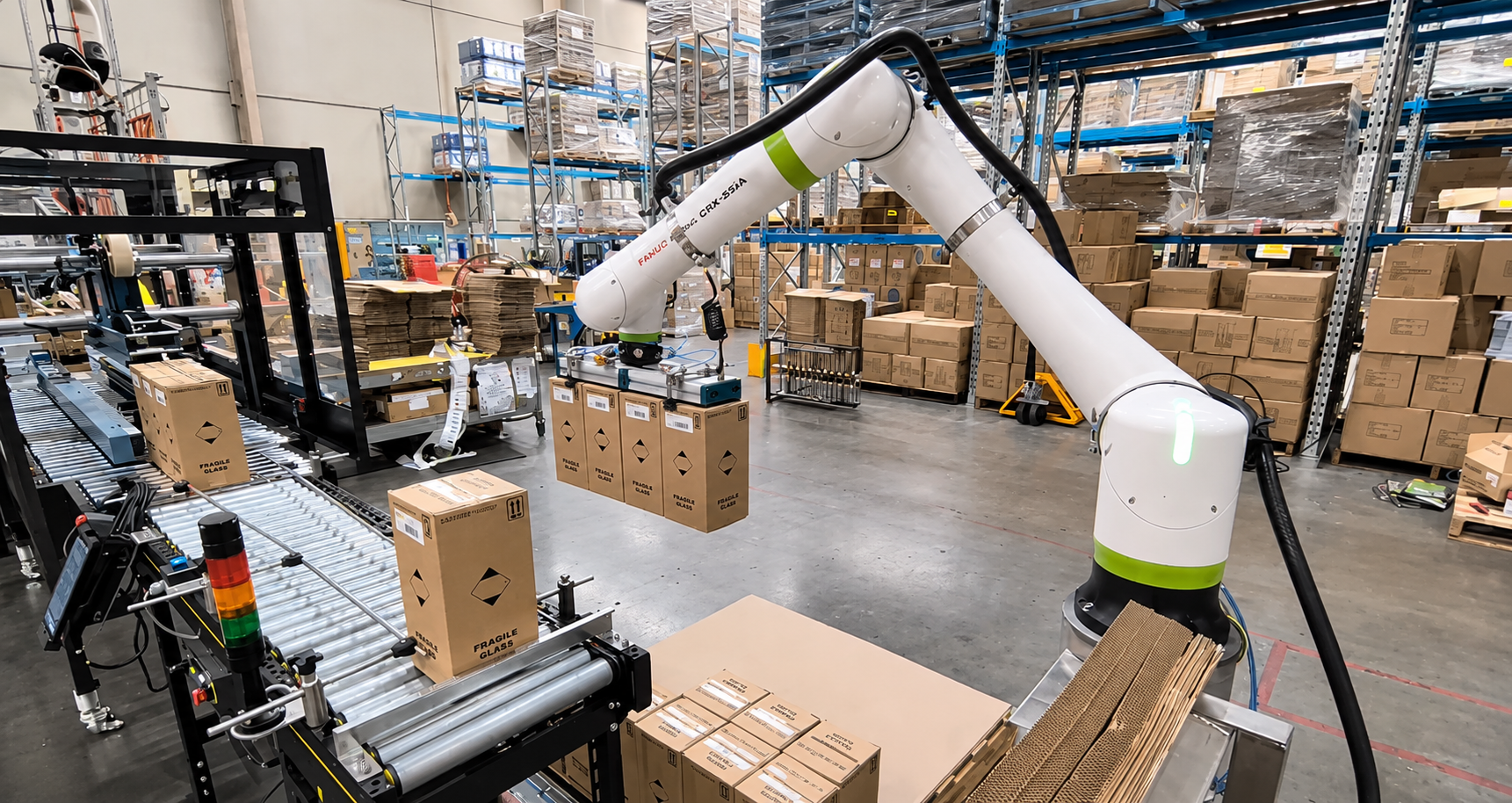 Cobots bulk box loading on a guarded packaging line