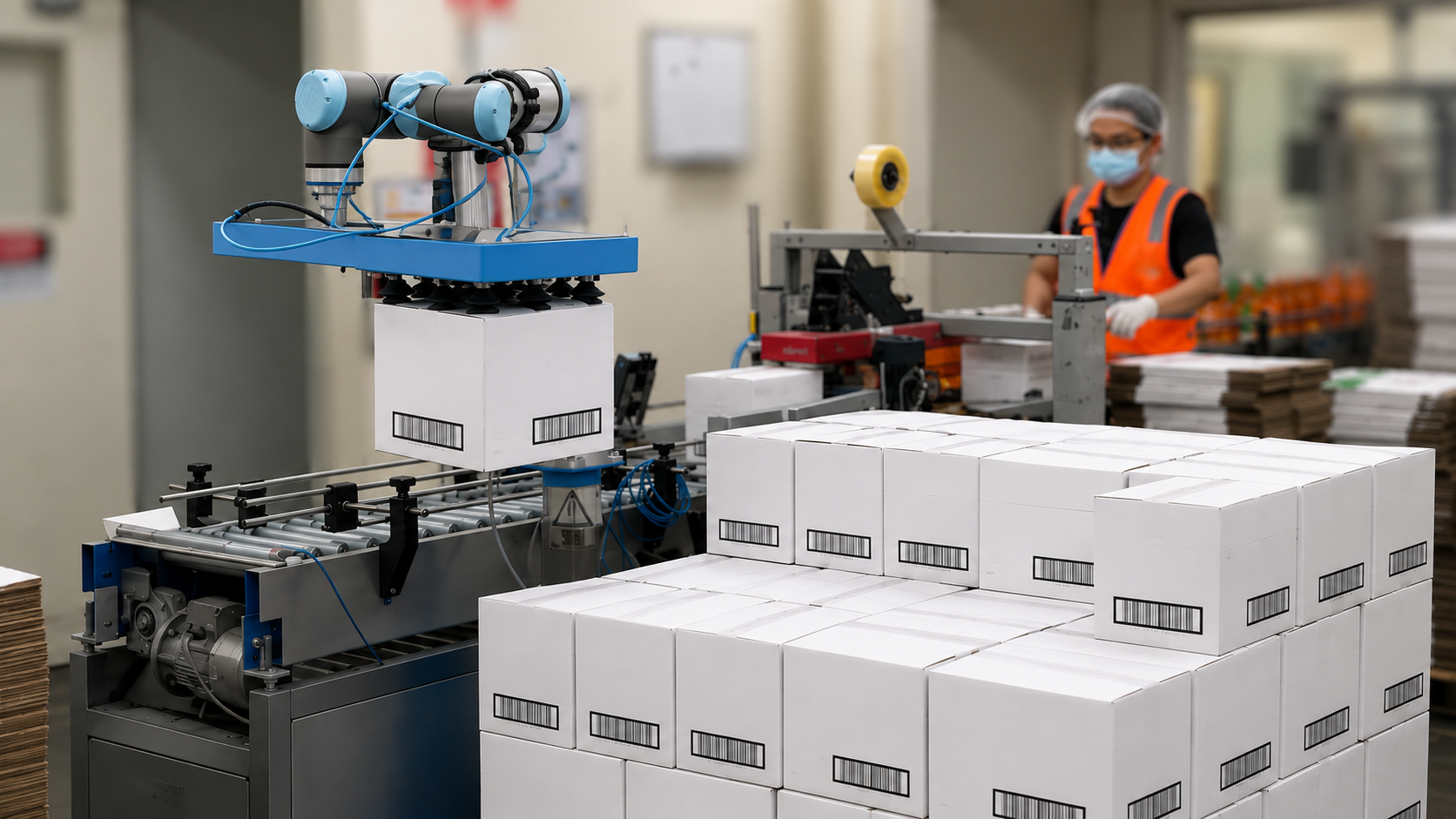 Cobot picking cans from a high-speed conveyor