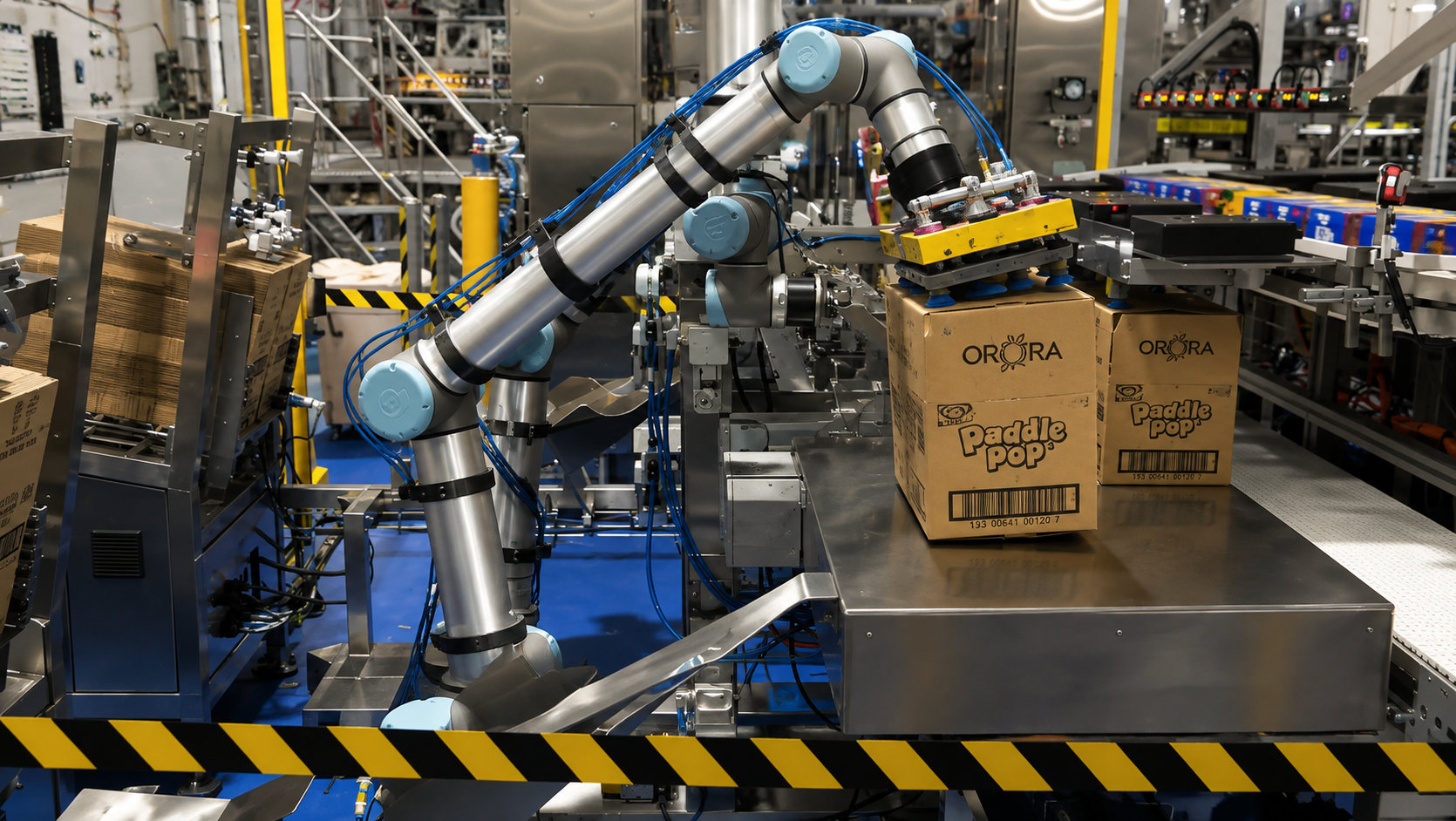Two collaborative robots packing cartons