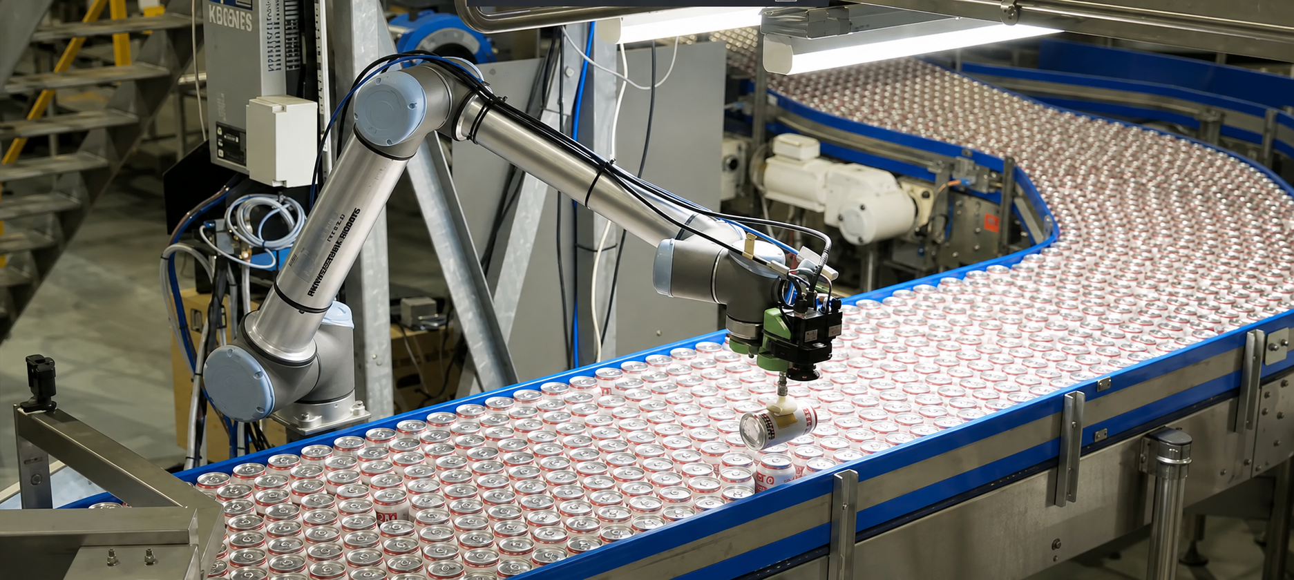 Cobot palletising fragile cartons from a roller conveyor