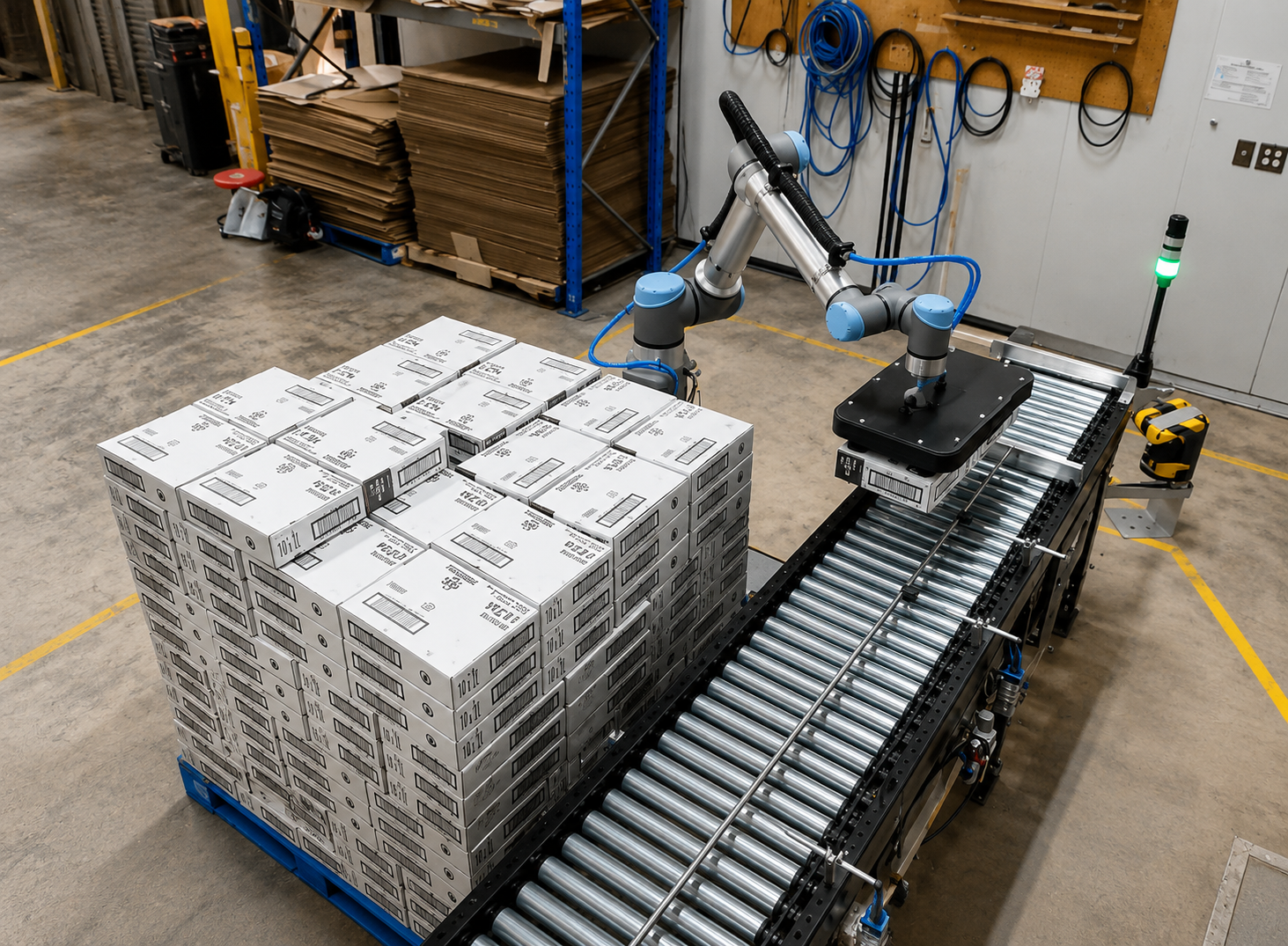 Cobot stacking cartons onto a pallet in a warehouse