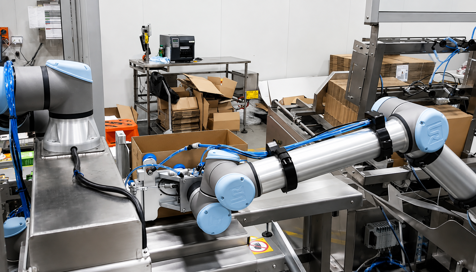 Two collaborative robots packing cartons on a production line