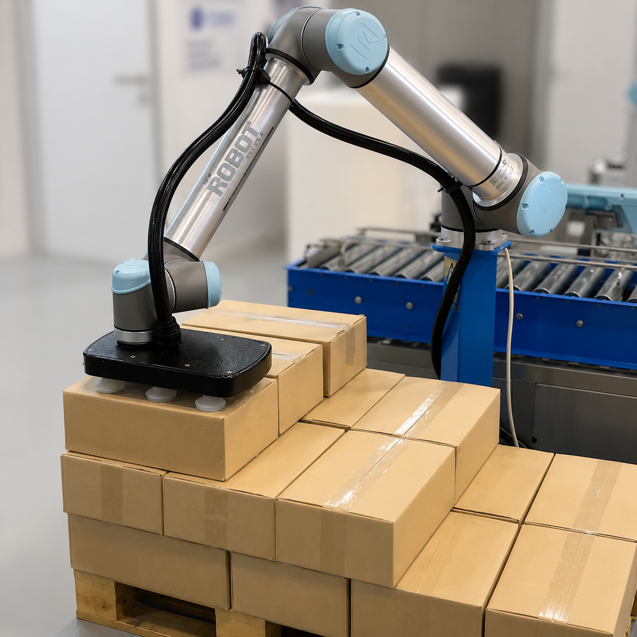 Cobot depalletising cartons from a pallet onto a roller conveyor